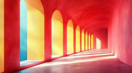 Fototapeta premium Crimson Corridor: A vibrant architectural journey through a captivating hallway with red walls and yellow arches, bathed in sunlight. The image evokes a sense of mystery and wonder. 
