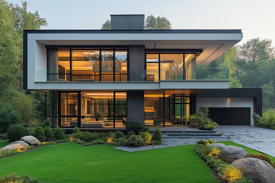 maison moderne, avec jardin, g&eacute;om&eacute;trique, plan ext&eacute;rieur maison 3D r&eacute;aliste, HDR, photographie immobili&egrave;re, d&eacute;coration, tendance, architecte, design, mode, fonctionnel, moderne, &eacute;l&eacute;gant	
