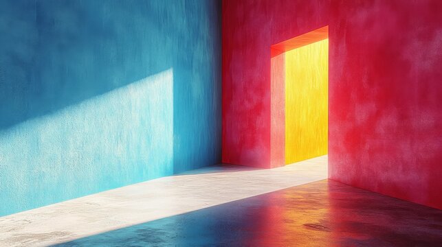Abstract Doorway to Opportunity: A vibrant, minimalist 3D render of a yellow doorway leading into an open space, framed by blue and red walls. The scene invites the viewer to consider the unknown.