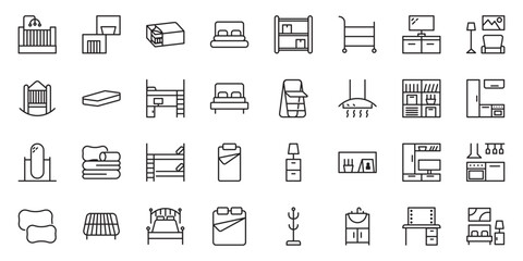 Furniture flat line icons set. Kitchen, bedroom, sofa table, bookcase closet, chair, mattress, lamps, ladder vector illustrations