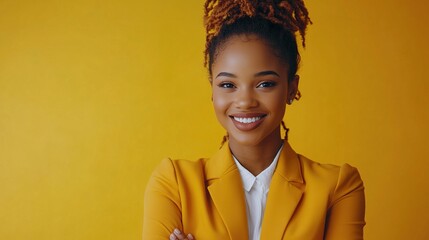 Confident Young Woman in Yellow Blazer Smiling Against a Bright Yellow Background, Showcasing Professionalism and Joyful Energy