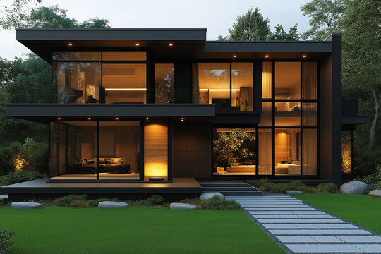 maison moderne, avec jardin, g&eacute;om&eacute;trique, plan ext&eacute;rieur maison 3D r&eacute;aliste, HDR, photographie immobili&egrave;re, d&eacute;coration, tendance, architecte, design, mode, fonctionnel, moderne, &eacute;l&eacute;gant	
