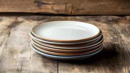 Stack of Plates on Rustic Wooden Table