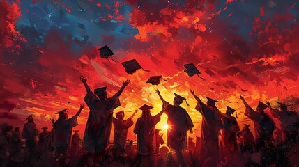 Graduate tossing their cap in the air with friends in the background celebrating