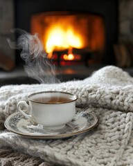 A Cozy Winter Afternoon With a Steaming Cup of Tea by the Fireplace and Soft Knitted Blanket
