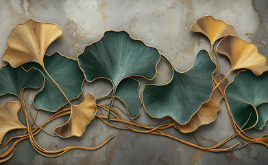 3d mural wallpaper. Chinese leaves and golden waves in black and gray background