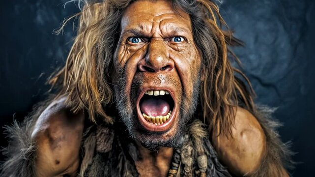 Aggressive prehistoric caveman yelling and showing teeth