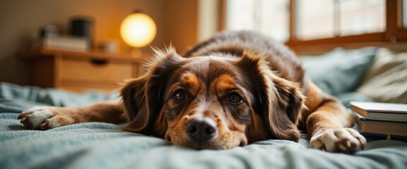 Therapy dog resting on bed in cozy dorm room, emotional support