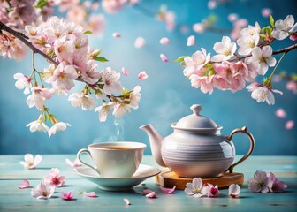 Fototapeta premium Elegant Tea Set Surrounded by Cherry Blossoms on a Serene Blue Background - Fashion Photography Inspiration