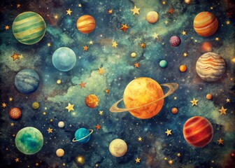 Vintage Style Photography of Colorful Planets and Stars on Dark Background for Creative Space-Themed Designs and Illustrations to Inspire Imagination and Wonder