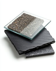 An interior material samples combination for a modern loft style concept, including corrugated glasses, textured quartz, stone ceramic tiles, and black marble isolated on white background