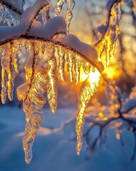 Obraz premium Frosty Tree Branch Adorned With Intricate Ice Formations During a Winter Sunset