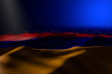 beautiful dark photo of Armenia flag lying on blue background with selective focus and empty space for content - any celebration flag 3d illustration..