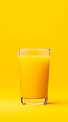 A glass of orange juice placed on a yellow background, creating a simple and vibrant composition. Ideal for refreshing beverage promotions, summer-themed designs, or mobile wallpapers in a vertical fo