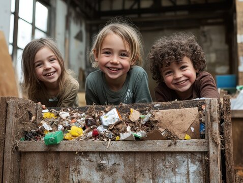 Concept recyclage, compostage et trie &Atilde;&nbsp; la maison en utilisant des bacs r&Atilde;&copy;utilisables et en sensibilisant les enfants