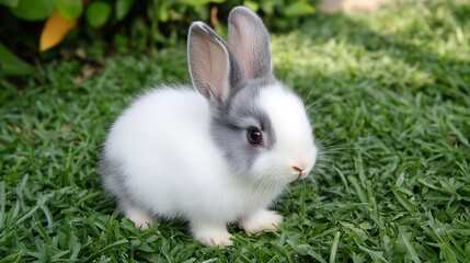 Fototapeta premium Adorable white and grey bunny rabbit with pink nose sitting in green grass.