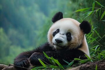 Obraz premium Gentle Giant: A Close-Up of a Playful Panda Amidst Lush Greenery