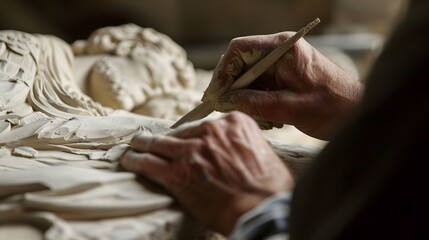 Obraz premium Hands of an artist refining a clay sculpture with precision tools, close-up view