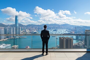 Businessman Overlooking a Vibrant Cityscape in Hong Kong
