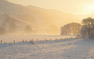 Naklejka premium A Serene Winter Morning in the Picturesque Countryside With Soft Snowfall and Golden Sunlight