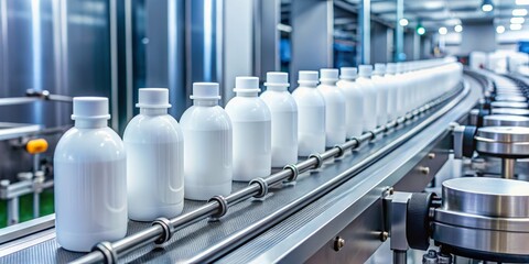 White Plastic Bottle on Conveyor Belt of Auto Capping and Labeling Machine in Cosmetic Manufacturing Industry, Showcasing Advanced AI Technology and Efficient Production Processes
