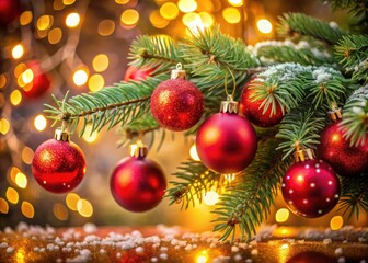 Festive Christmas Tree Branch with Red Ornaments and Warm Glow - Holiday Decor, Christmas Spirit, Seasonal Charm, Winter Wonderland, Cozy Atmosphere