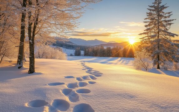 Golden Sunset Over a Snowy Landscape With Footprints Leading Into the Serene Winter Wonderland - Powered by Adobe