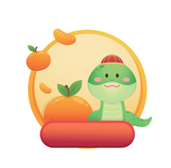 Orange template and frame with cartoon snake and tangerine, happy chinese new year