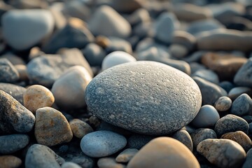 A Collection of Smooth Pebbles on a Sandy Beach at Sunset