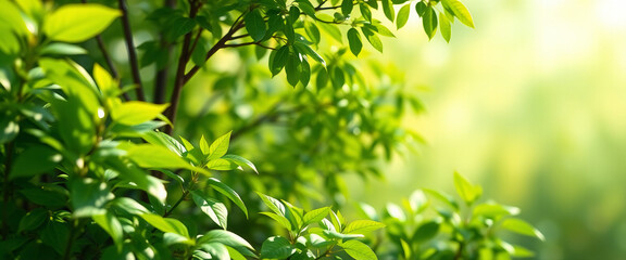 Obraz premium Lush green grass thrives in the foreground, while the background features a soft-focus depiction of a vibrant, sunlit forest, creating a tranquil and natural scene.