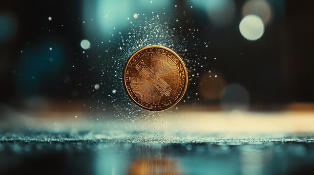 Golden coin spinning on reflective surface with water droplets.