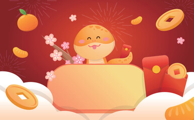 Red lively chinese style poster or greeting card with cartoon snake celebrating lunar new year