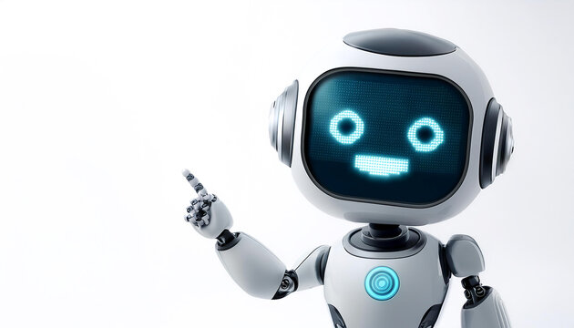 Cute AI robot pointing copy space beside her with smile and happy feeling on white