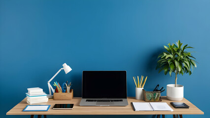 Home office desk with, supplies, objects and blue wall.