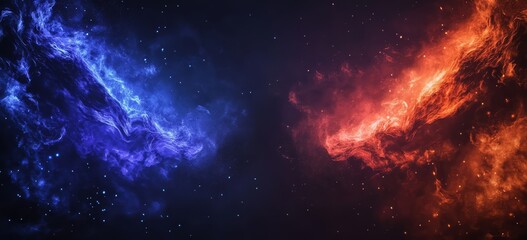 Obraz premium Cosmic Clash: A mesmerizing abstract background of fiery red and icy blue flames clashing in the vastness of space, creating a breathtaking display of power and energy. 