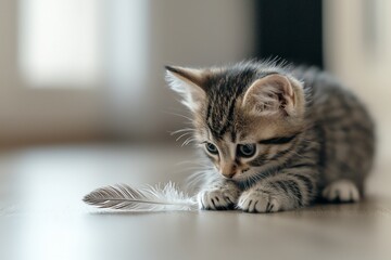 Naklejka premium Playful Kitten Exploring a Feather on the Floor