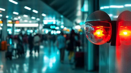Red warning lights with blurry view of an airport and travelers in the background.
