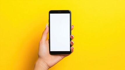 Mockup of female hand holding cell phone with blank screen on yellow background. 8k image