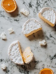 A delectable overhead shot of creamy Camembert cheese, artfully arranged with vibrant orange slices on a marble surface.