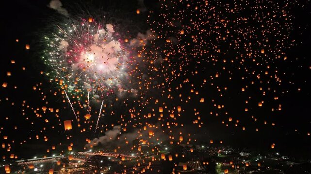 Thai tradition lanna Lantern on Yeepeng Festival with firework, Flying sky tradition Thai Lanna Lantern on Yeepeng festival, Loy Krathong Festival or Yeepeng Festival with light Lanna paper lantern an