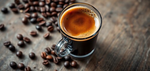 Close-up of Espresso in Glass Cup with Coffee Beans on Wooden Surface