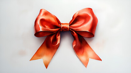 Fototapeta premium A detailed watercolor rendering of a rich red bow with glittering gold trim, tied beautifully, on a white surface