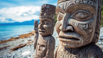 Close Up of Carved Totem Pole with Intricate Details