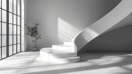 Obraz premium Modern Minimalist Spiral Staircase: Sunlight streams through a large industrial window illuminating a sleek, white spiral staircase in a contemporary minimalist interior design.