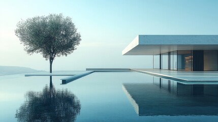 Modern Oasis: A minimalist villa with a sleek design, a reflecting pool and a solitary tree.  The serene atmosphere invites contemplation and relaxation. 