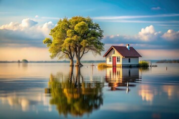 Fototapeta premium Miniature House on Water Illustrating Climate Change Impact and Rising Sea Levels