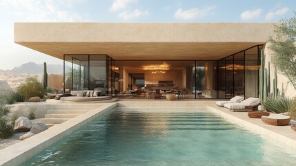 Fototapeta premium Desert Oasis Modern Villa: A luxurious desert home with infinity pool and stunning mountain views. Architectural marvel in the arid landscape. Luxury living redefined. 