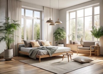 Minimalist Living Room with Bed: Cozy Design, Natural Light, and Soft Textures for Serene Home Aesthetics