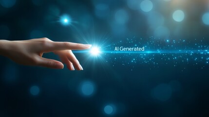 Finger Pointing to AI Generated Text on a Futuristic, Light Blue, Techno Bokeh Background