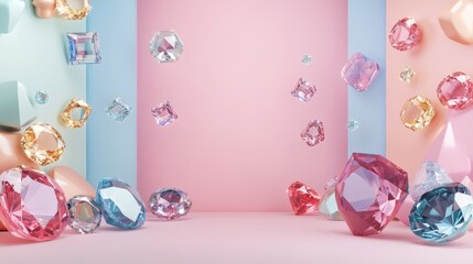 Pastel Paradise: A symphony of vibrant, iridescent gemstones scattered across a pastel backdrop, creating a captivating and playful display of color and luxury.  